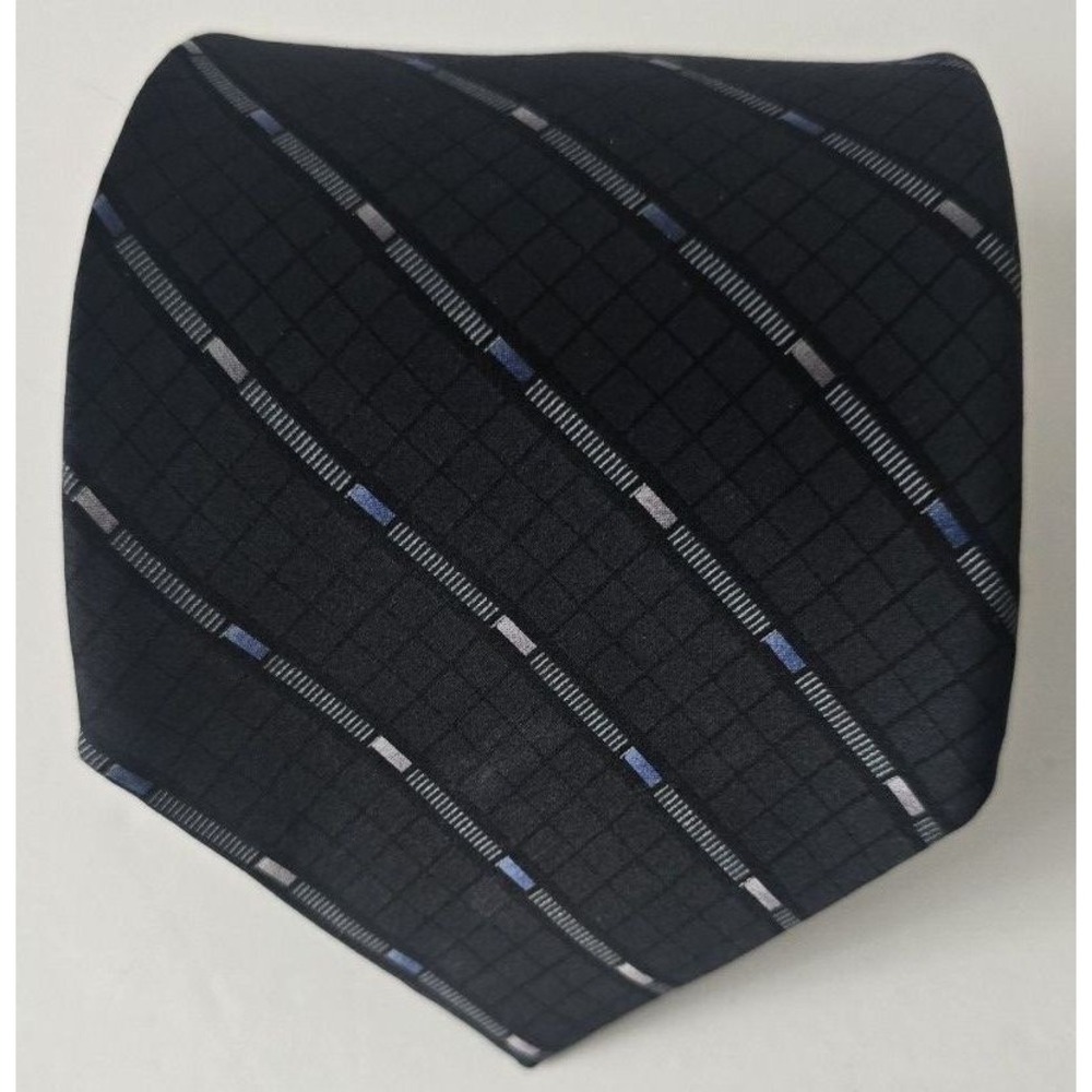 W. H. Prescott Mens Silk Tie Black Blue Silver Grid Stripe Geometric Made in USA
